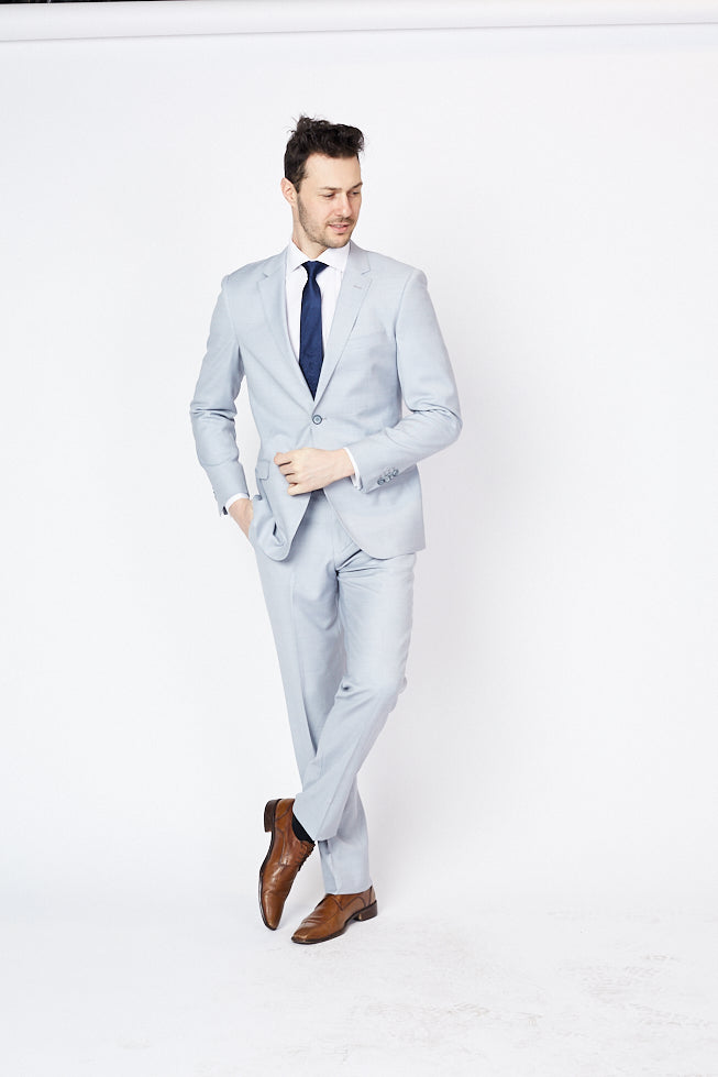 Grey suit with sale sky blue shirt