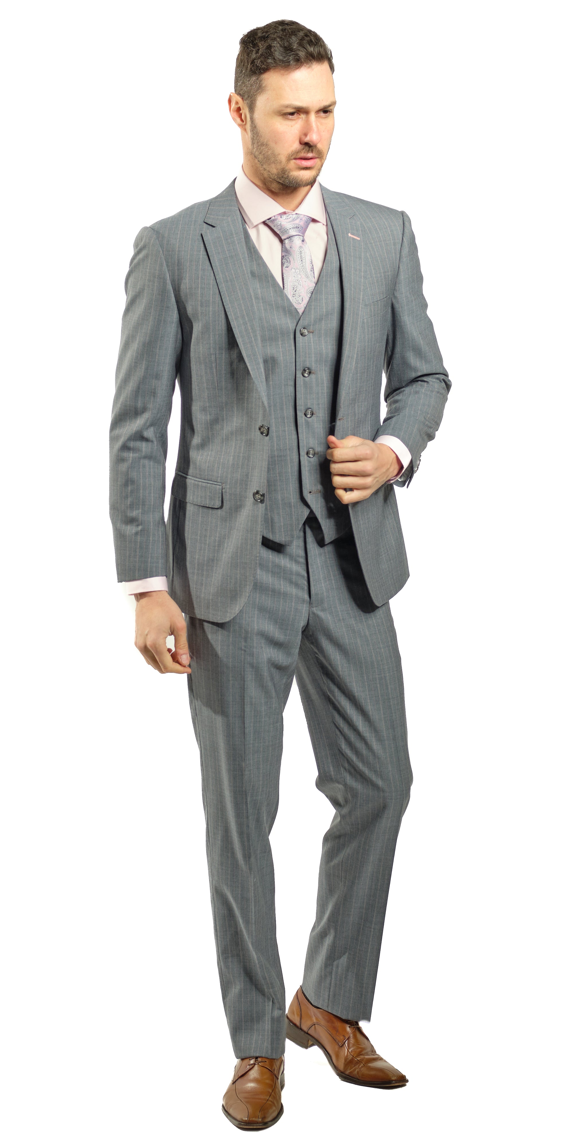 Grey Pink Stripe 3-Piece Suit-The Suit Spot-Wedding Suits-Wedding Tuxedos-Groomsmen Suits-Groomsmen Tuxedos-Slim Fit Suits-Slim Fit Tuxedos-Online wedding suits